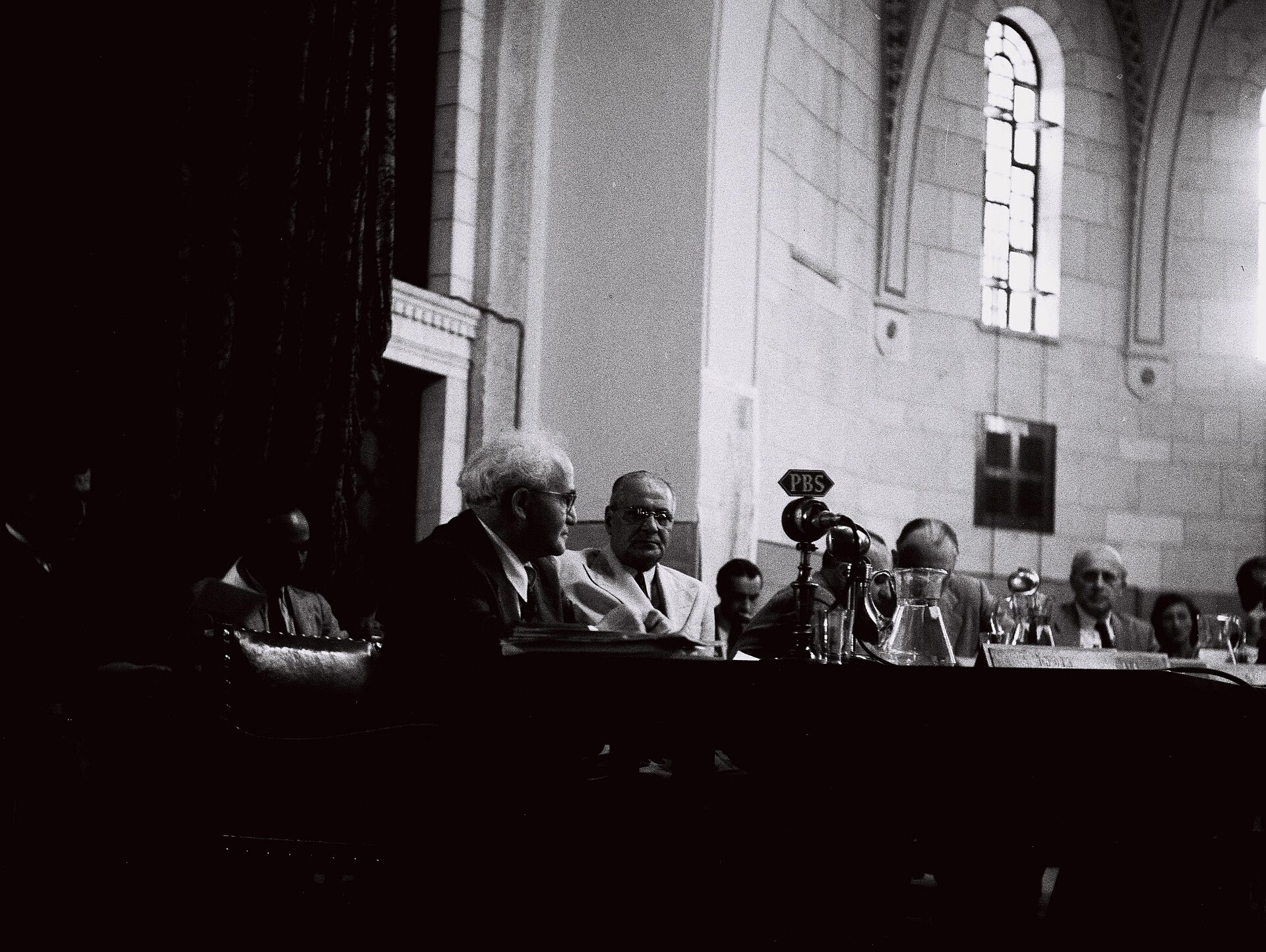David Ben-Gurion testifying before UNSCOP at the Jerusalem YMCA in 1947